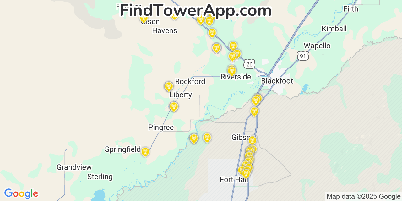 Map showing the 39 primary Verizon cell tower locations detected in Rockford, Idaho with coverage radius and signal strength indicators