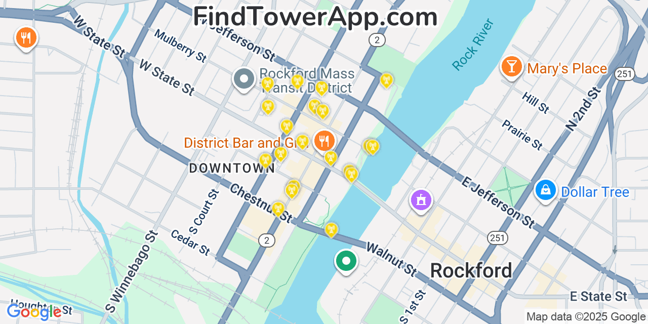 Map showing the 20 primary cell tower locations detected in Rockford, Illinois from AT&T, Verizon, and T-Mobile networks