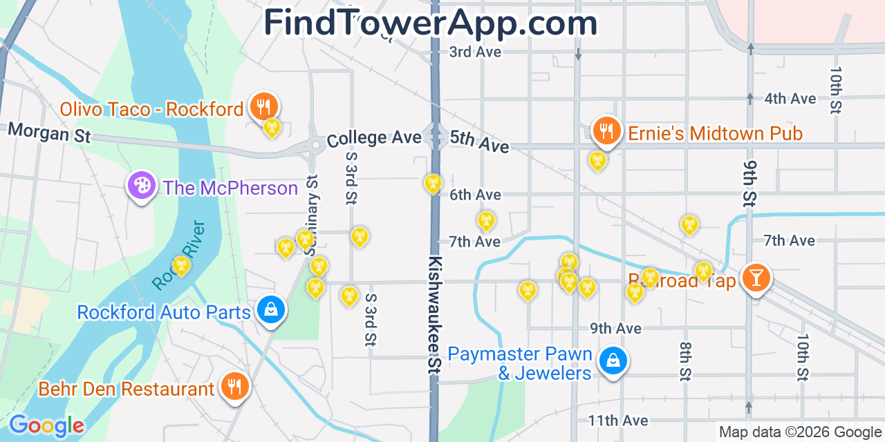 Map showing the 20 primary cell tower locations detected in Rockford, Illinois from AT&T, Verizon, and T-Mobile networks