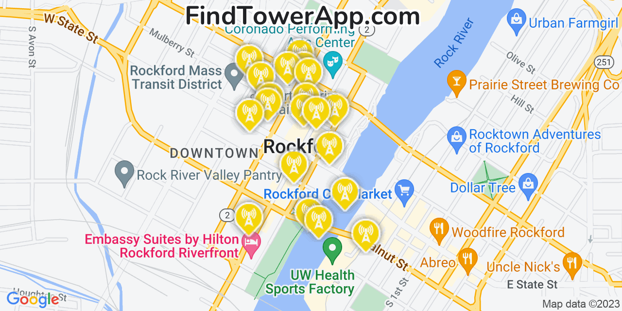 Verizon 4G/5G cell tower coverage map Rockford, Illinois