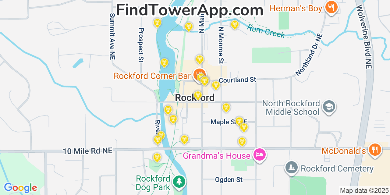 Map showing the 20 primary cell tower locations detected in Rockford, Michigan from AT&T, Verizon, and T-Mobile networks