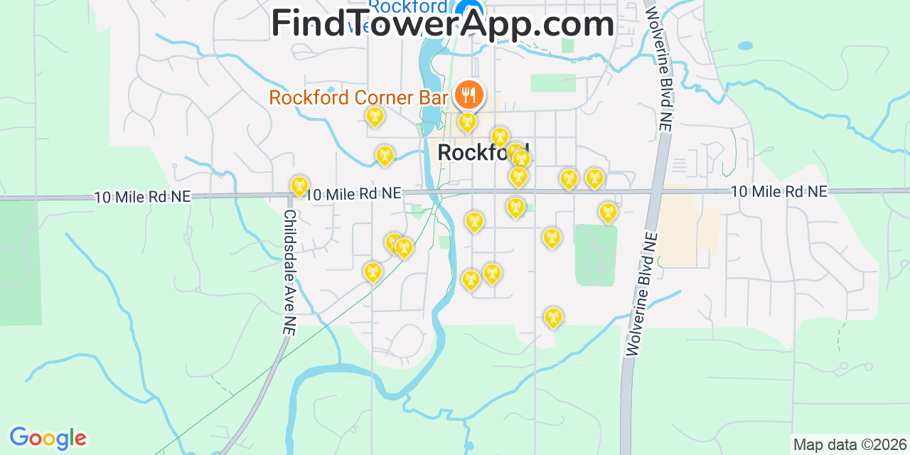 Map showing the 20 primary cell tower locations detected in Rockford, Michigan from AT&T, Verizon, and T-Mobile networks