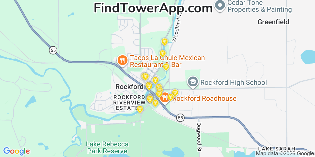Map showing the 20 primary cell tower locations detected in Rockford, Minnesota from AT&T, Verizon, and T-Mobile networks
