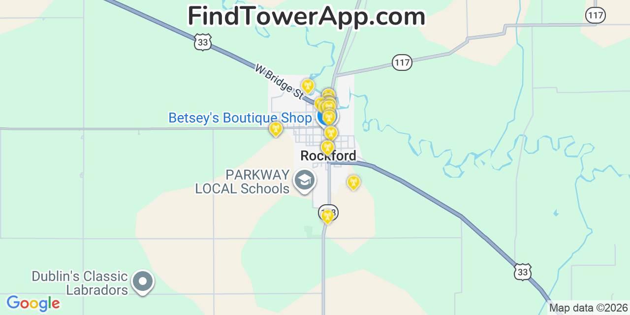 Map showing the 20 primary cell tower locations detected in Rockford, Ohio from AT&T, Verizon, and T-Mobile networks