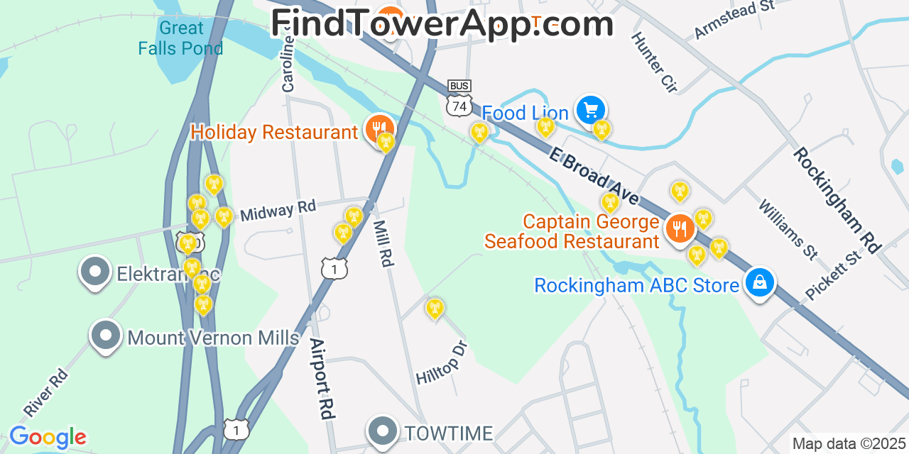 Map showing the 20 primary cell tower locations detected in Rockingham, North Carolina from AT&T, Verizon, and T-Mobile networks