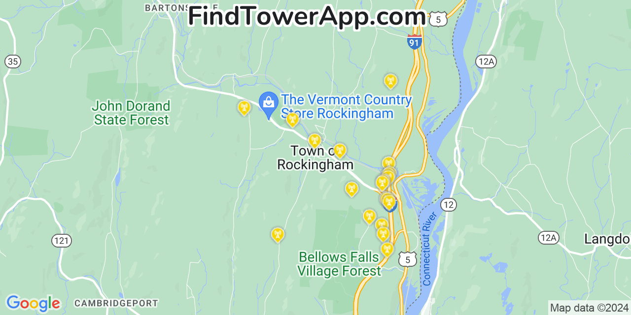 AT&T 4G/5G cell tower coverage map Rockingham, Vermont