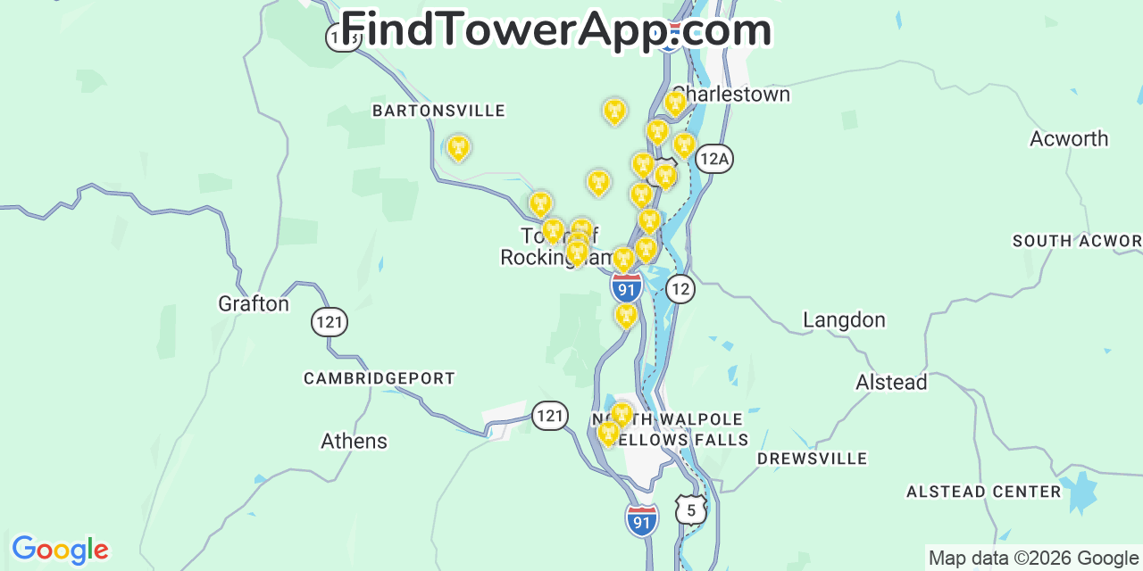 Map showing the 20 primary cell tower locations detected in Rockingham, Vermont from AT&T, Verizon, and T-Mobile networks