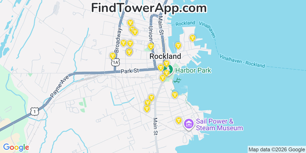 Map showing the 20 primary cell tower locations detected in Rockland, Maine from AT&T, Verizon, and T-Mobile networks