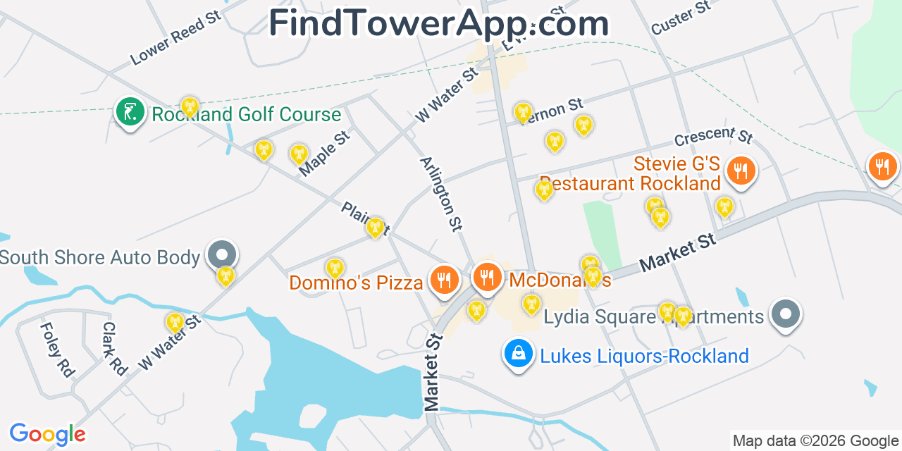 Map showing the 20 primary cell tower locations detected in Rockland, Massachusetts from AT&T, Verizon, and T-Mobile networks