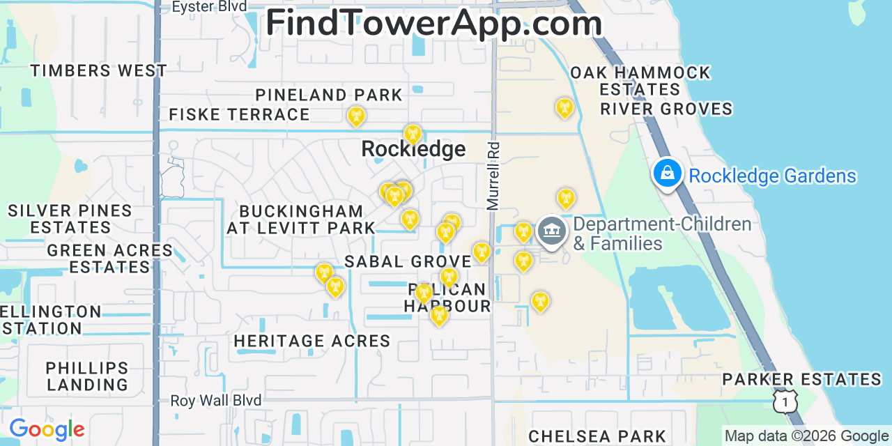 Map showing the 20 primary cell tower locations detected in Rockledge, Florida from AT&T, Verizon, and T-Mobile networks