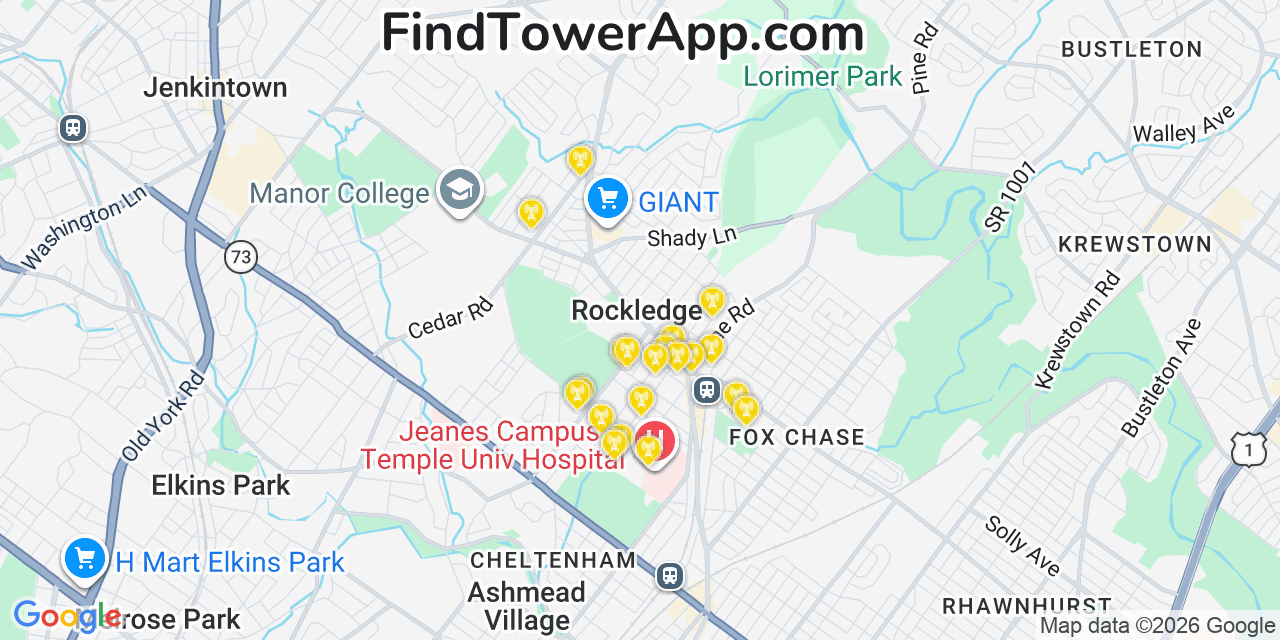 Map showing the 20 primary cell tower locations detected in Rockledge, Pennsylvania from AT&T, Verizon, and T-Mobile networks