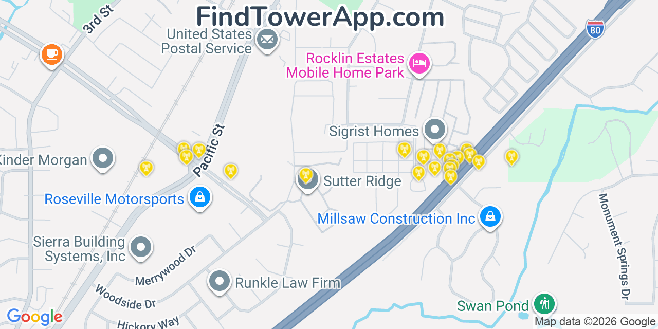Map showing the 20 primary cell tower locations detected in Rocklin, California from AT&T, Verizon, and T-Mobile networks