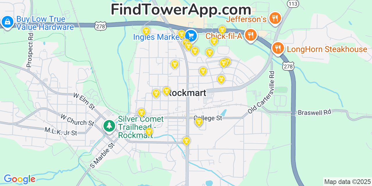 Map showing the 20 primary cell tower locations detected in Rockmart, Georgia from AT&T, Verizon, and T-Mobile networks