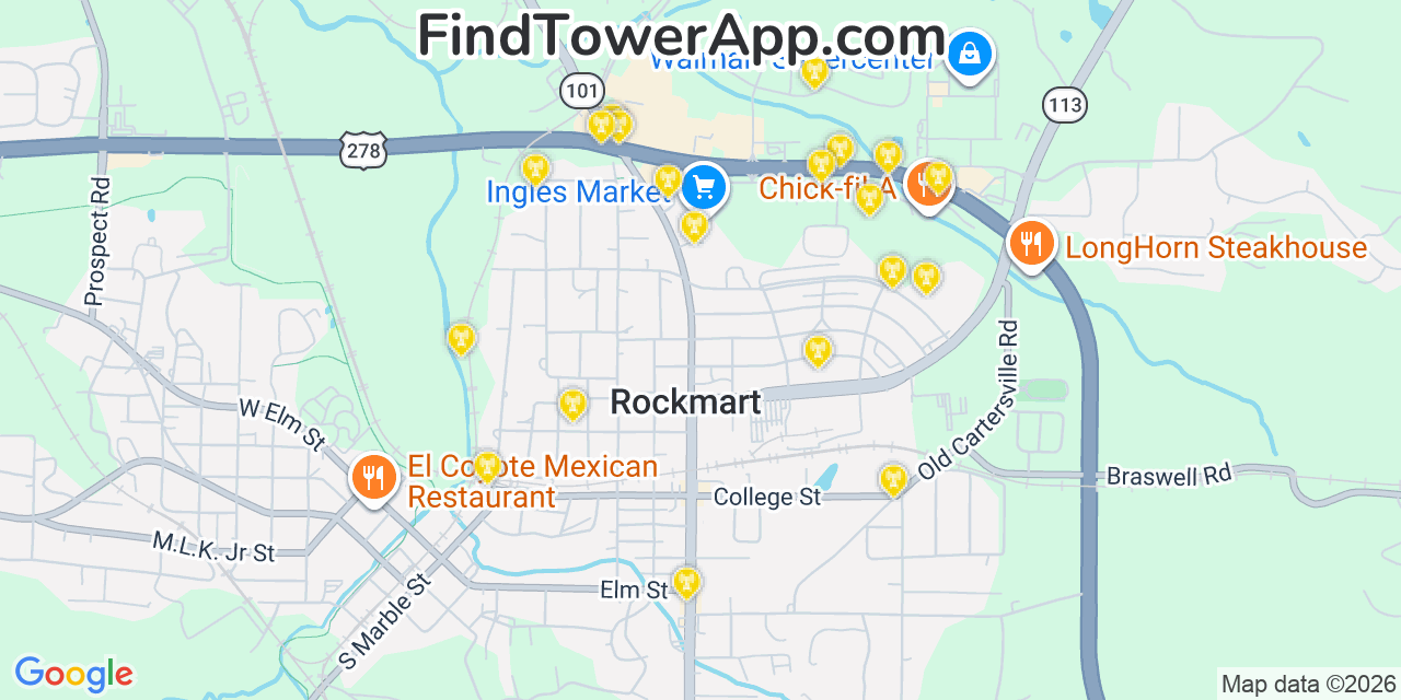 Map showing the 20 primary cell tower locations detected in Rockmart, Georgia from AT&T, Verizon, and T-Mobile networks