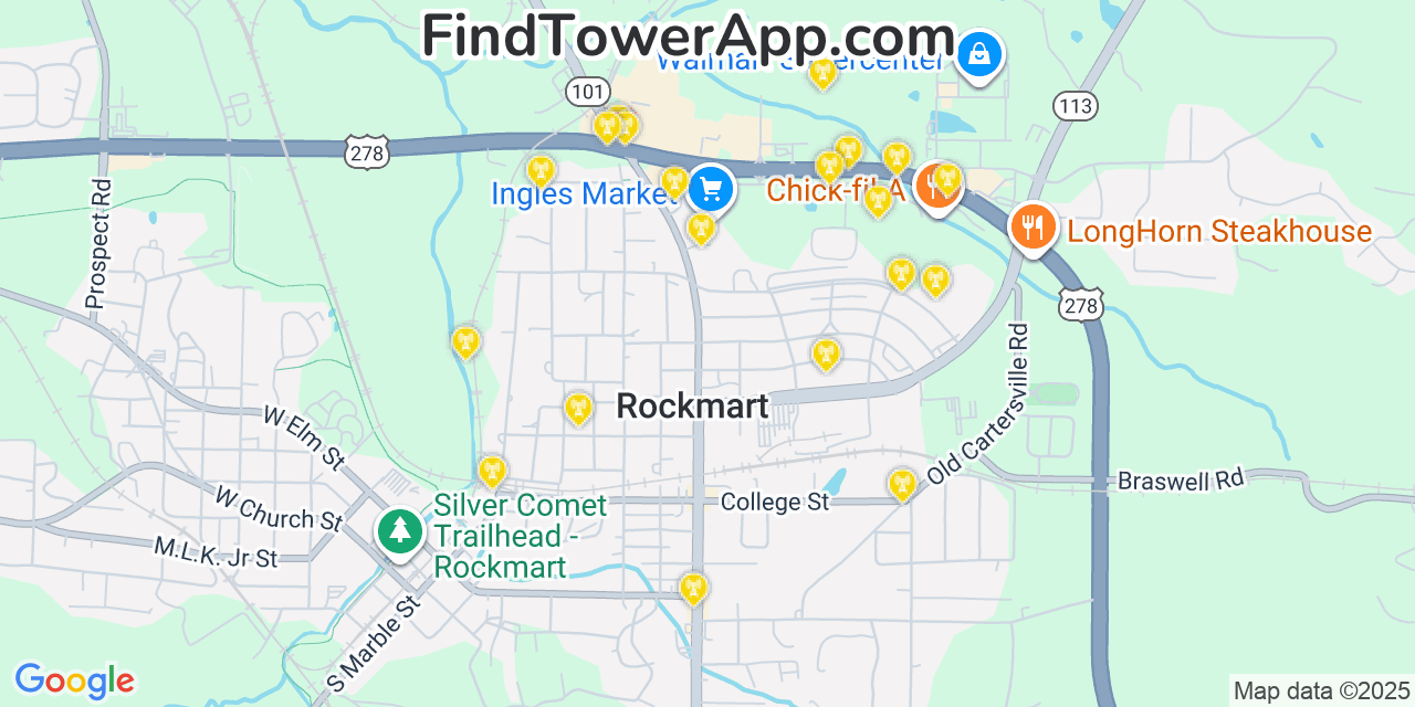 Map showing the 20 primary Mobitel cell tower locations detected in Rockmart, Georgia with coverage radius and signal strength indicators