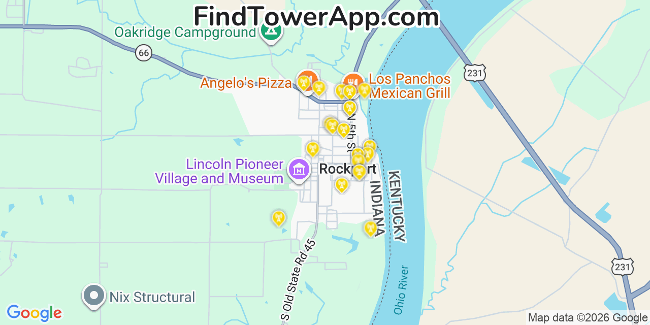 Map showing the 20 primary cell tower locations detected in Rockport, Indiana from AT&T, Verizon, and T-Mobile networks