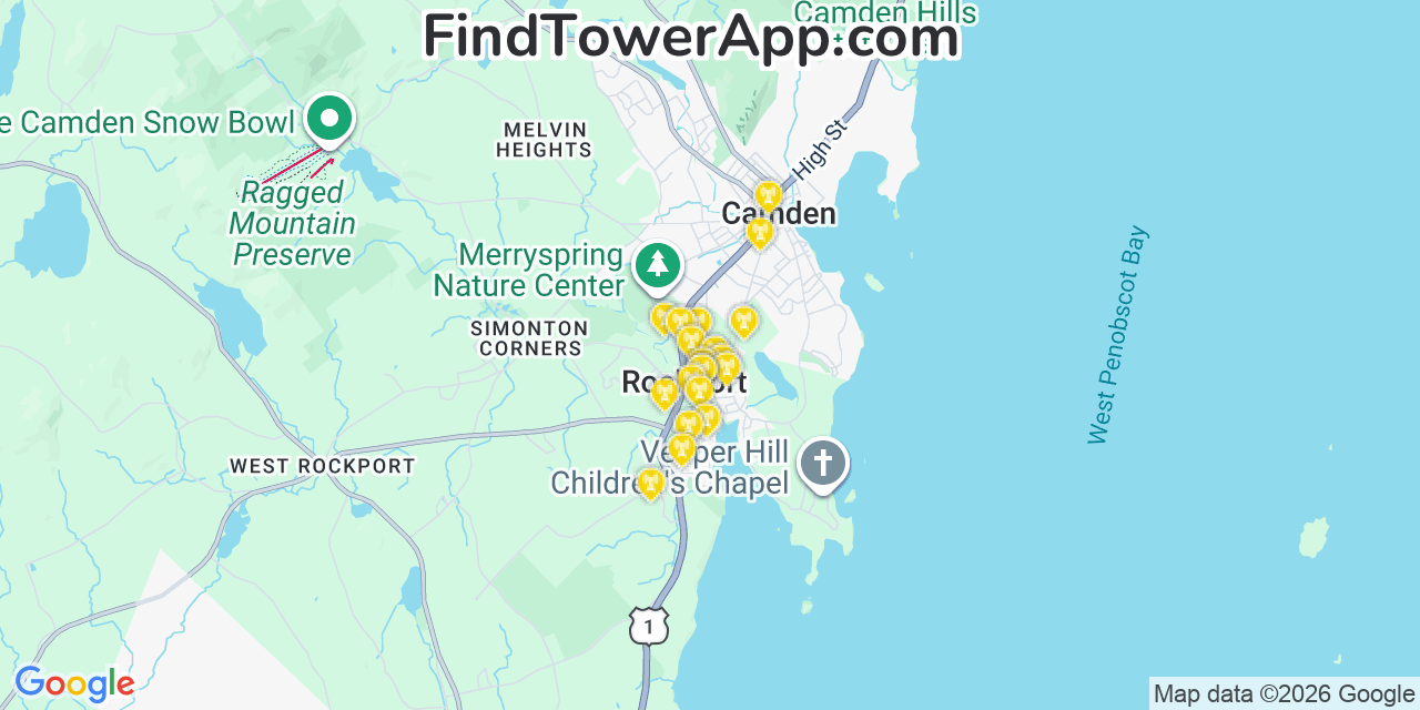 Map showing the 20 primary cell tower locations detected in Rockport, Maine from AT&T, Verizon, and T-Mobile networks