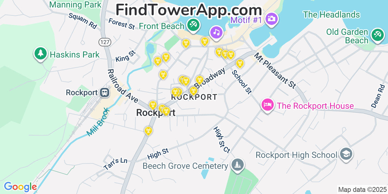 Map showing the 20 primary cell tower locations detected in Rockport, Massachusetts from AT&T, Verizon, and T-Mobile networks