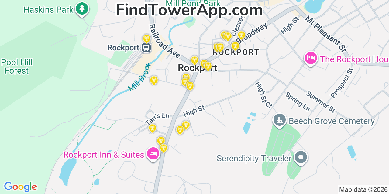Map showing the 20 primary cell tower locations detected in Rockport, Massachusetts from AT&T, Verizon, and T-Mobile networks