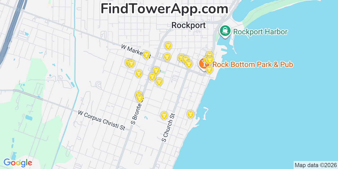 Map showing the 20 primary cell tower locations detected in Rockport, Texas from AT&T, Verizon, and T-Mobile networks