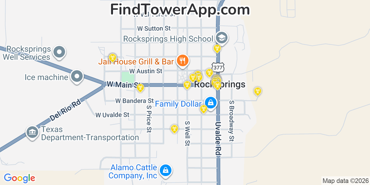 Map showing the 20 primary cell tower locations detected in Rocksprings, Texas from AT&T, Verizon, and T-Mobile networks