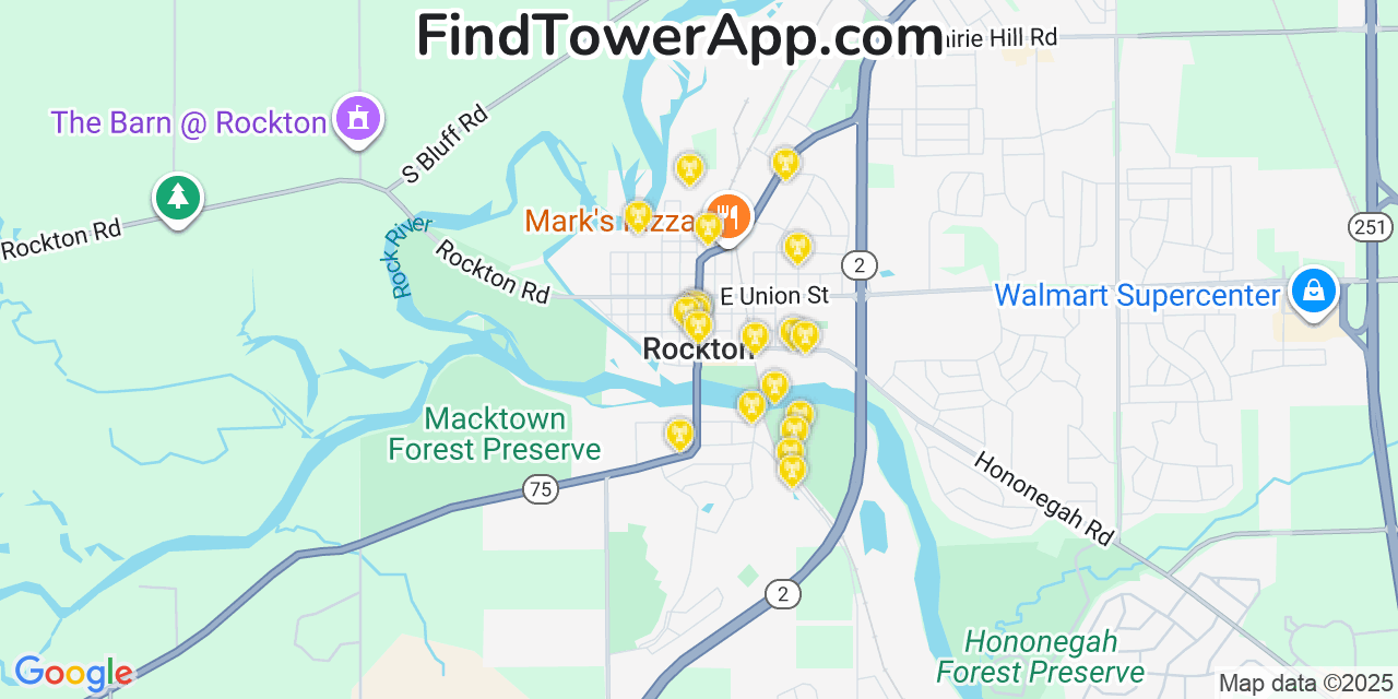 Map showing the 20 primary cell tower locations detected in Rockton, Illinois from AT&T, Verizon, and T-Mobile networks