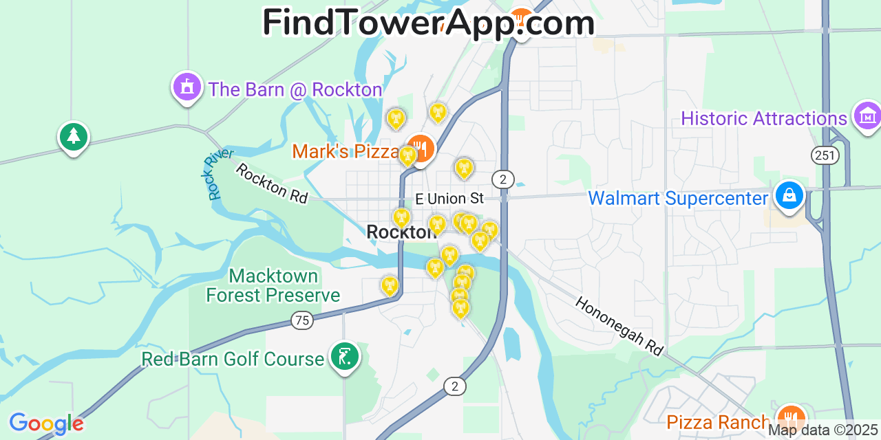 Map showing the 20 primary cell tower locations detected in Rockton, Illinois from AT&T, Verizon, and T-Mobile networks