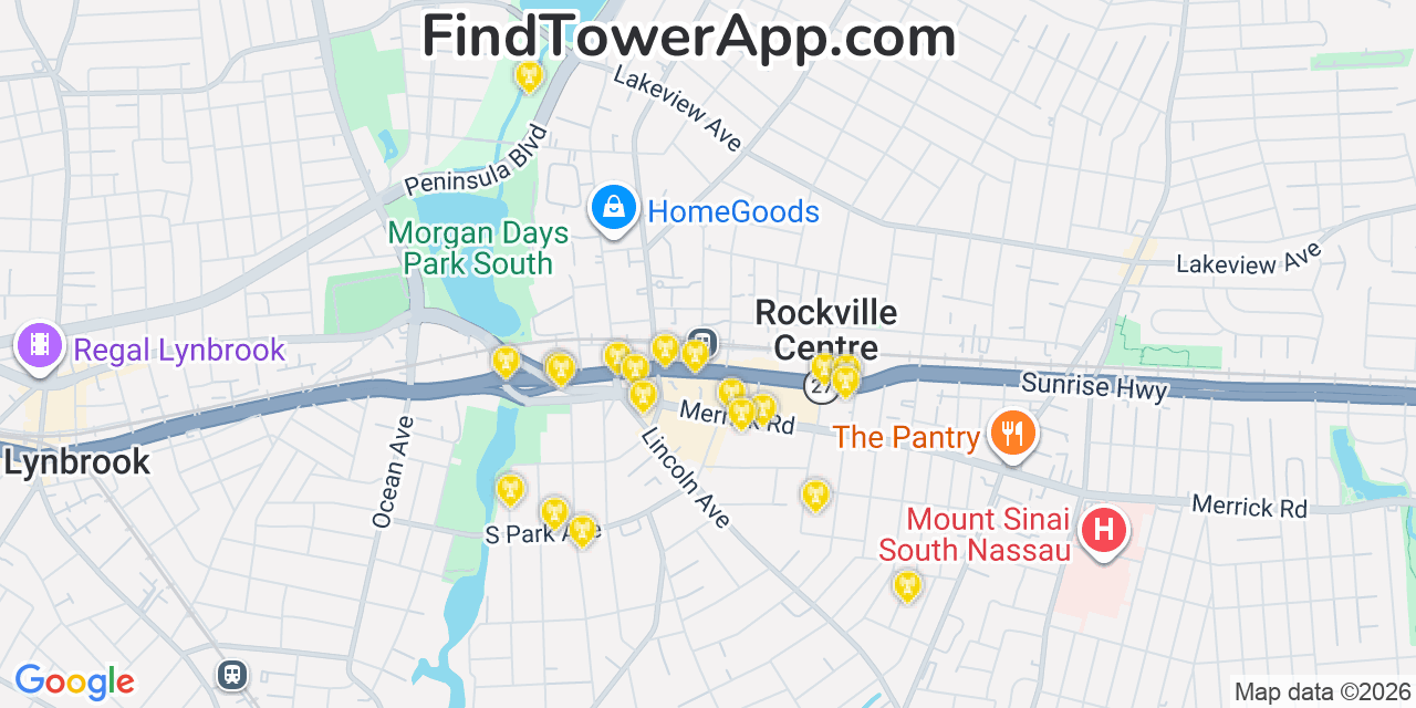 Map showing the 20 primary cell tower locations detected in Rockville Centre, New York from AT&T, Verizon, and T-Mobile networks