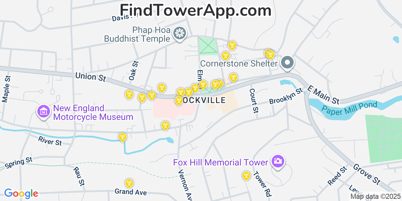 Map showing the 20 primary cell tower locations detected in Rockville, Connecticut from AT&T, Verizon, and T-Mobile networks
