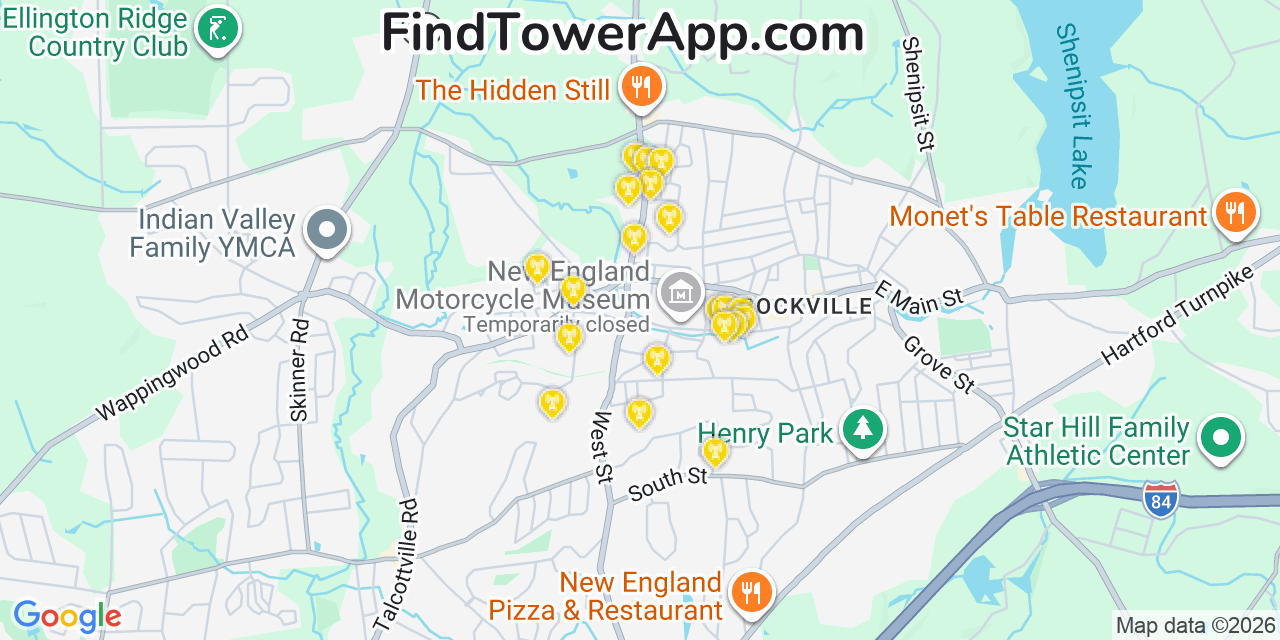 Map showing the 20 primary cell tower locations detected in Rockville, Connecticut from AT&T, Verizon, and T-Mobile networks