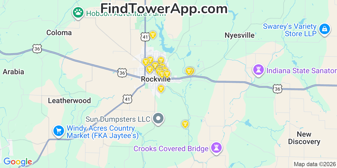 Map showing the 20 primary cell tower locations detected in Rockville, Indiana from AT&T, Verizon, and T-Mobile networks