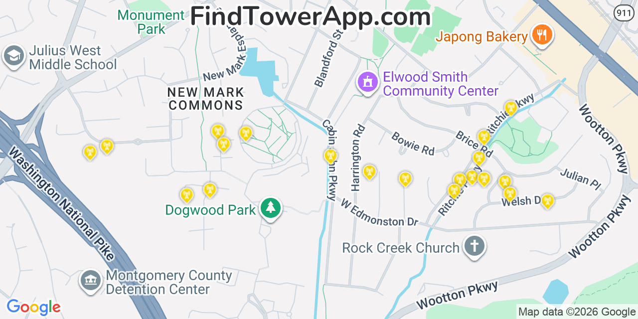 Map showing the 20 primary cell tower locations detected in Rockville, Maryland from AT&T, Verizon, and T-Mobile networks