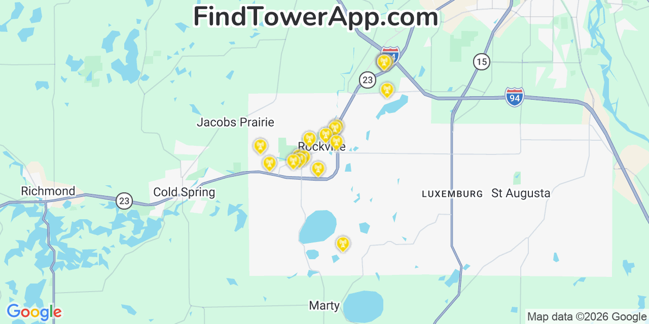 Map showing the 20 primary cell tower locations detected in Rockville, Minnesota from AT&T, Verizon, and T-Mobile networks