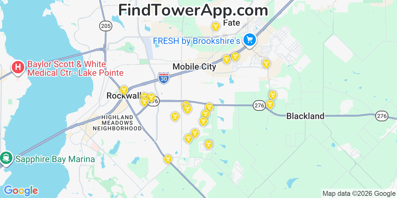 Map showing the 20 primary cell tower locations detected in Rockwall, Texas from AT&T, Verizon, and T-Mobile networks