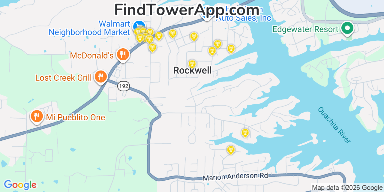 Map showing the 20 primary cell tower locations detected in Rockwell, Arkansas from AT&T, Verizon, and T-Mobile networks