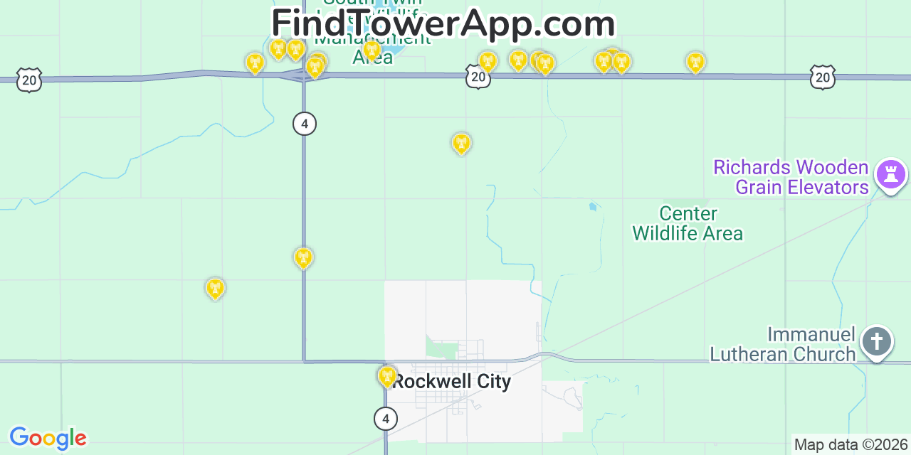 Map showing the 20 primary cell tower locations detected in Rockwell City, Iowa from AT&T, Verizon, and T-Mobile networks