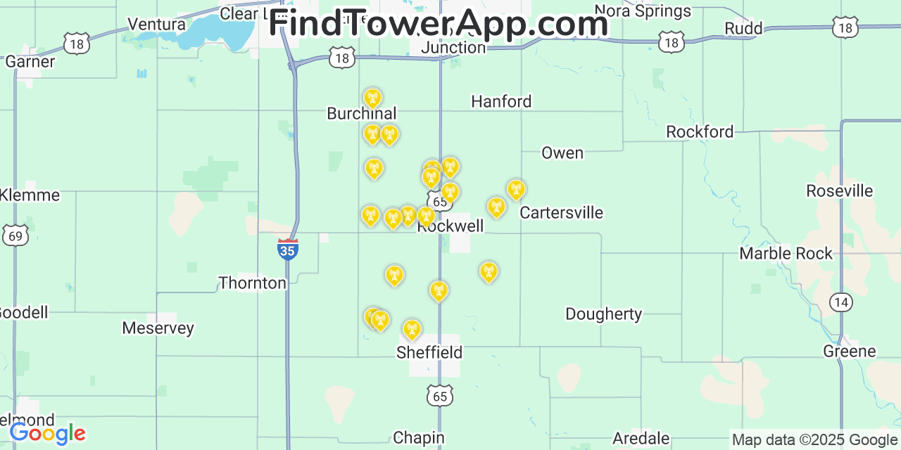 Map showing the 20 primary cell tower locations detected in Rockwell, Iowa from AT&T, Verizon, and T-Mobile networks