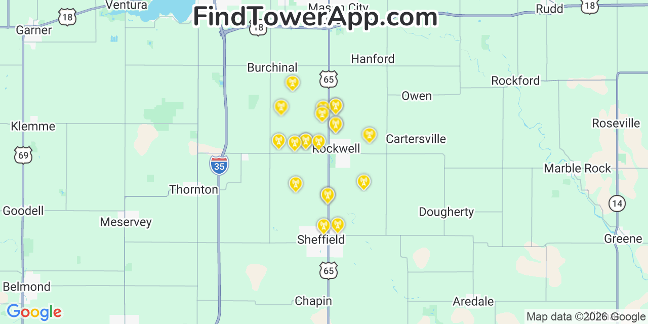 Map showing the 20 primary cell tower locations detected in Rockwell, Iowa from AT&T, Verizon, and T-Mobile networks