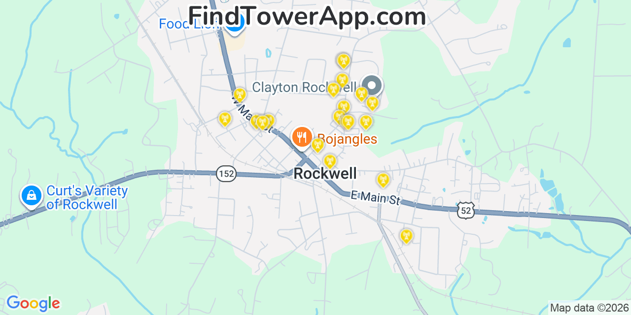 Map showing the 20 primary cell tower locations detected in Rockwell, North Carolina from AT&T, Verizon, and T-Mobile networks