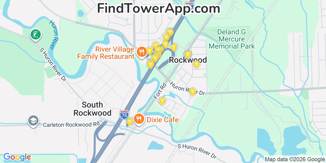 Map showing the 20 primary cell tower locations detected in Rockwood, Michigan from AT&T, Verizon, and T-Mobile networks