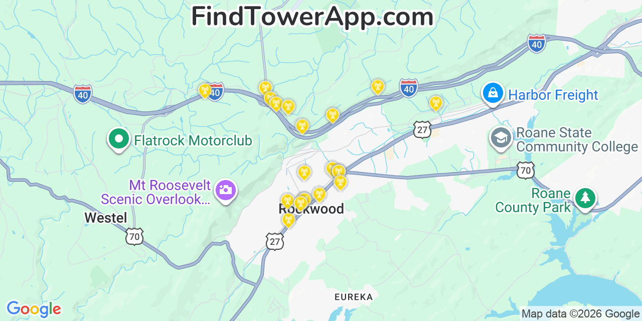 Map showing the 20 primary cell tower locations detected in Rockwood, Tennessee from AT&T, Verizon, and T-Mobile networks