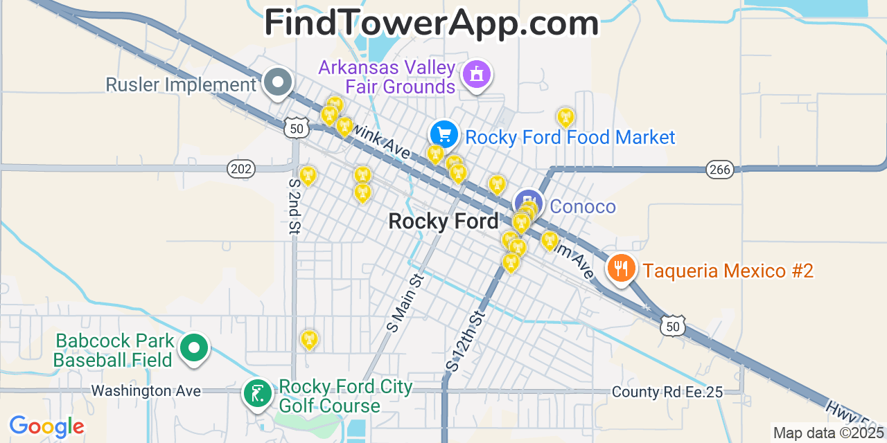 Map showing the 20 primary cell tower locations detected in Rocky Ford, Colorado from AT&T, Verizon, and T-Mobile networks