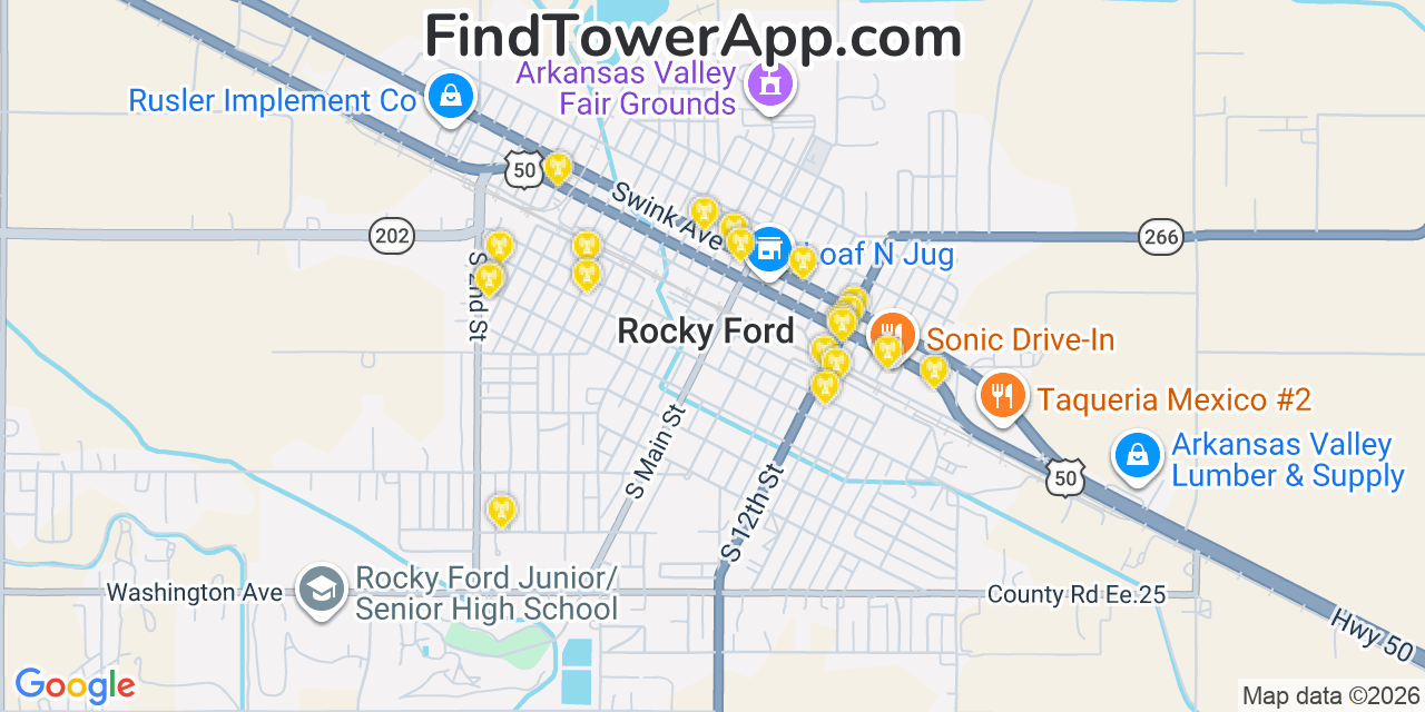Map showing the 20 primary cell tower locations detected in Rocky Ford, Colorado from AT&T, Verizon, and T-Mobile networks