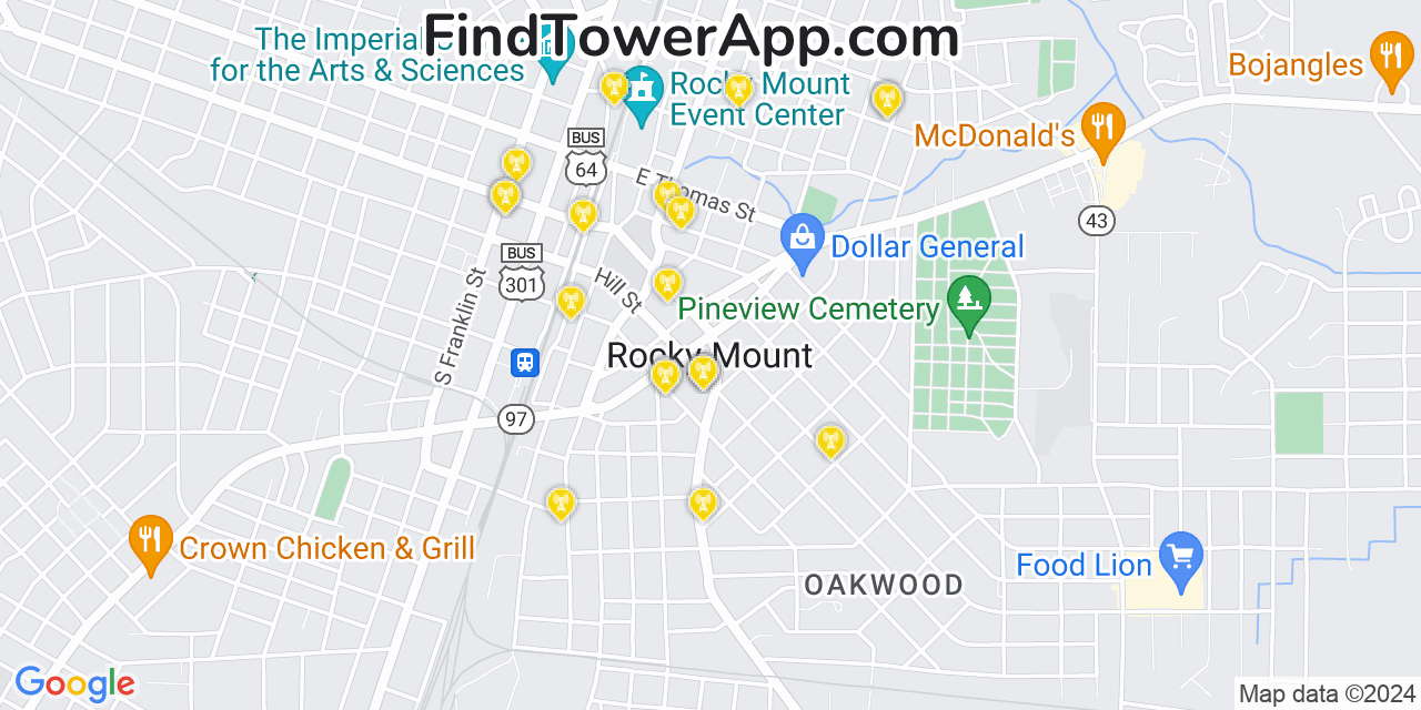 AT&T 4G/5G cell tower coverage map Rocky Mount, North Carolina