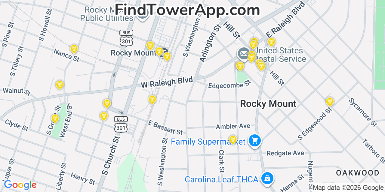 Map showing the 20 primary cell tower locations detected in Rocky Mount, North Carolina from AT&T, Verizon, and T-Mobile networks