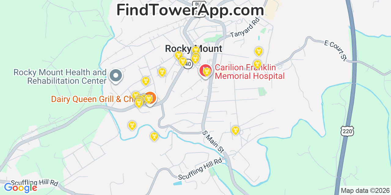 Map showing the 20 primary cell tower locations detected in Rocky Mount, Virginia from AT&T, Verizon, and T-Mobile networks