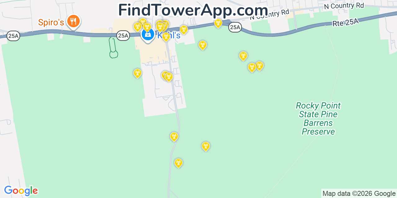 Map showing the 20 primary cell tower locations detected in Rocky Point, New York from AT&T, Verizon, and T-Mobile networks
