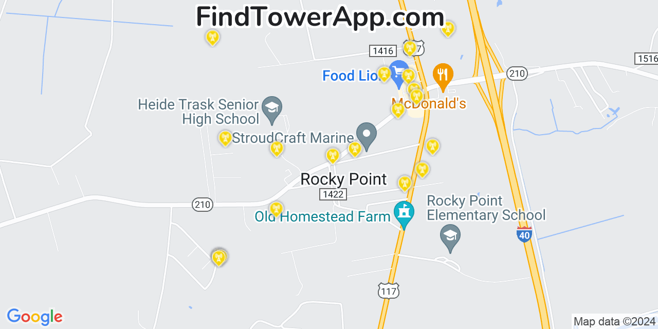 AT&T 4G/5G cell tower coverage map Rocky Point, North Carolina