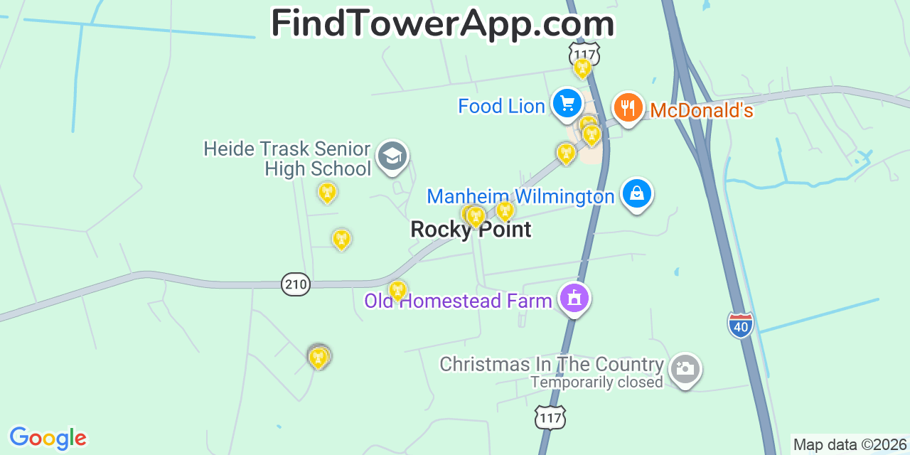 Map showing the 20 primary cell tower locations detected in Rocky Point, North Carolina from AT&T, Verizon, and T-Mobile networks