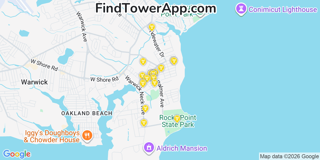 Map showing the 20 primary cell tower locations detected in Rocky Point, Rhode Island from AT&T, Verizon, and T-Mobile networks